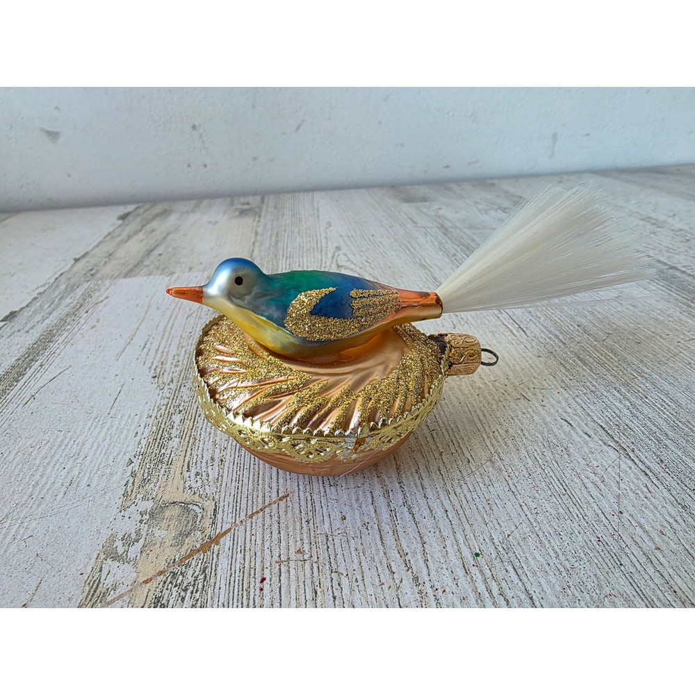 Vintage blumchen inge glas glass bird nest spun ornament glitter gold Xmas tree